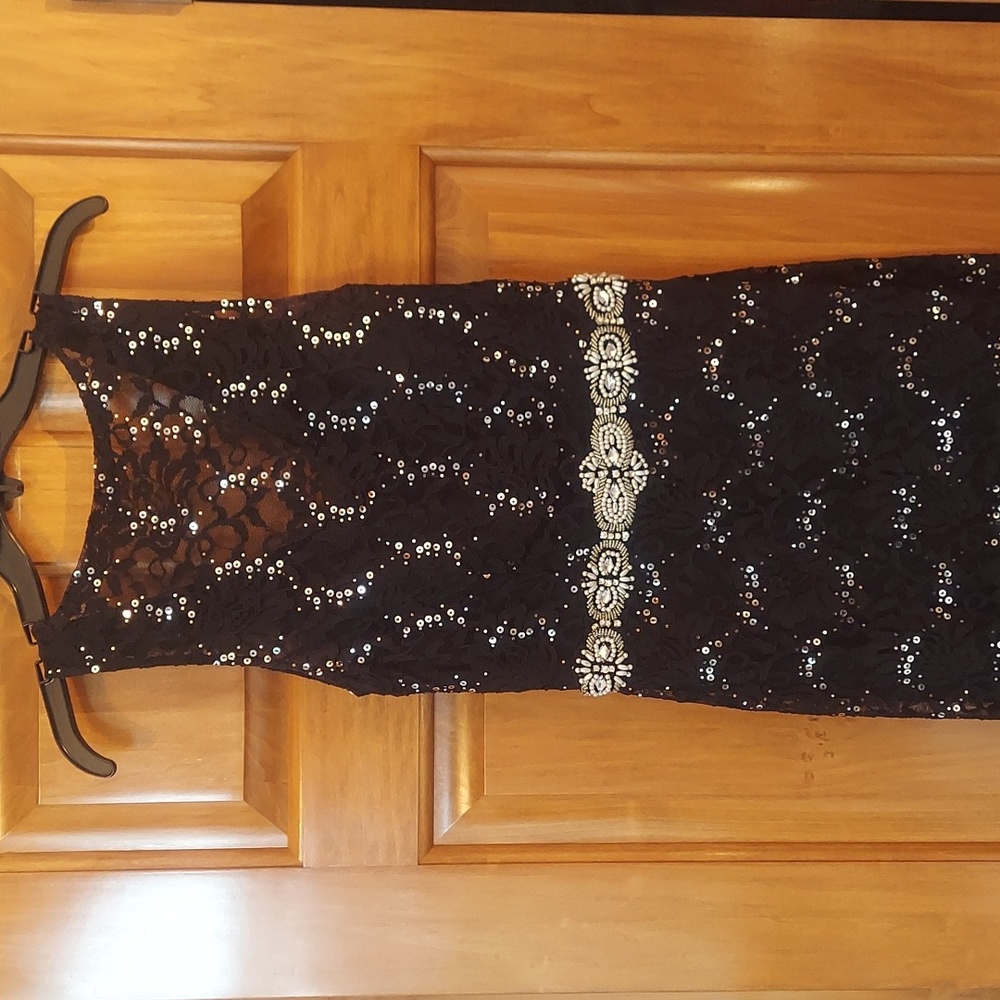 * City Triangles Black Lace Formal Long Dress Silver Sequin Size 11 Jrs Like New